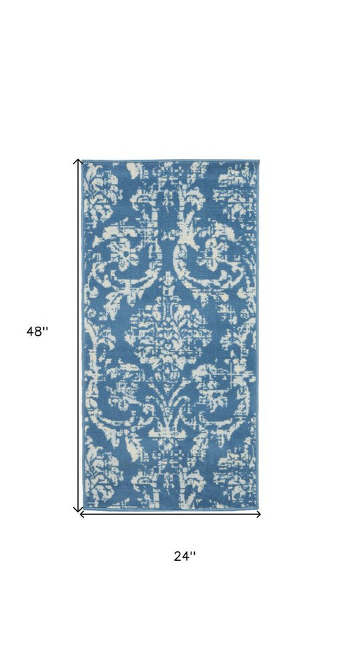 2' X 4' Blue Damask Power Loom Area Rug